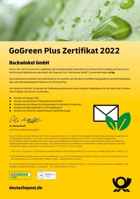 Zertifikat, GoGreen Plus, Klimaneutral, Postdienst, Umweltlabel