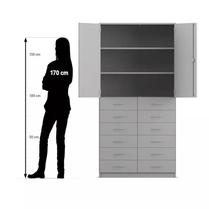 Schrank, Küche, Hängeschrank, Schubladen, Dekor grauweiß