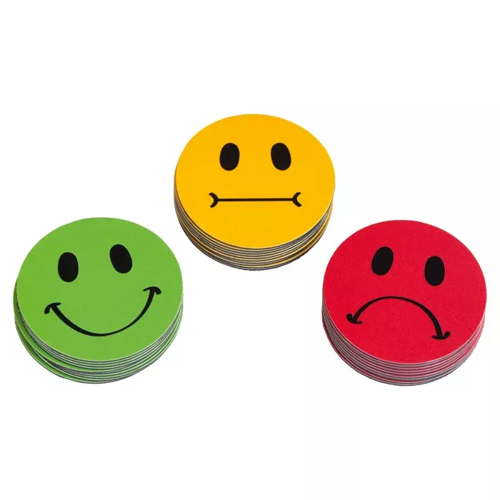Klebepunkte, Sticker, Smiley-Punkte, Gesichter, Pappteller?