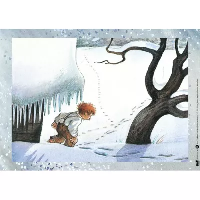 Schneelandschaft, Kinderfigur, Winter, Baum, Eiszapfen?