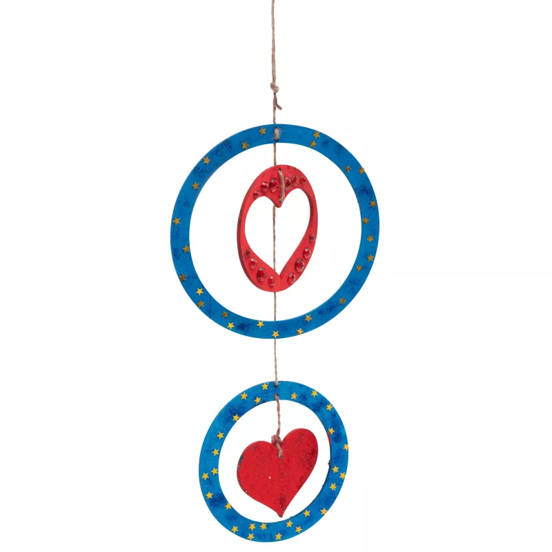 wind chime, Herzanhänger, rotes Herz, blauer Ring, Aufhängedekoration