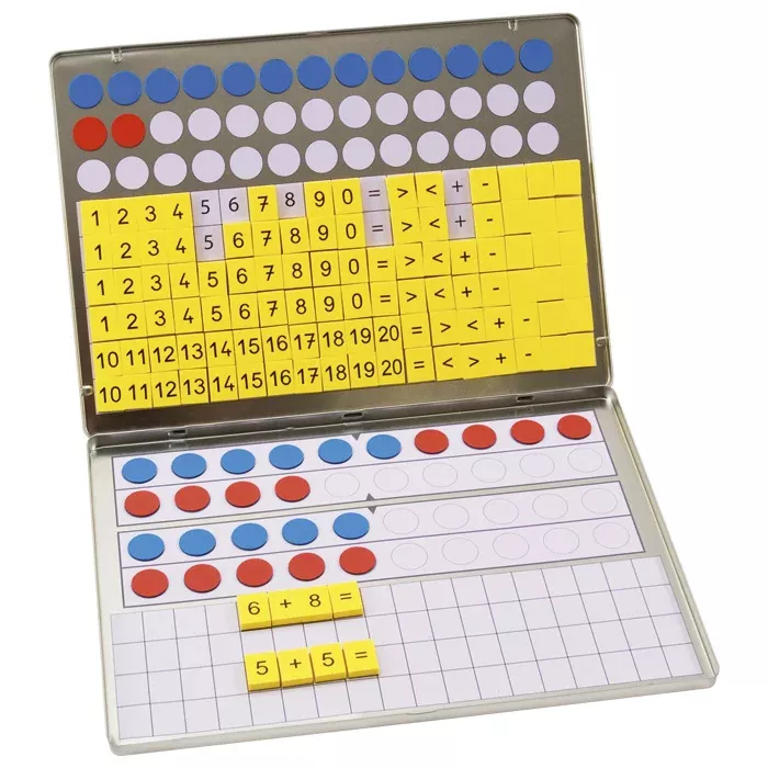 mathematik-lernset, tupferkarten, ziffernrahmen, farbenmarkierungen, kasette
