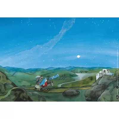 Himmel, Sterne, Landschaft, Dorf, Menschen mit Esel