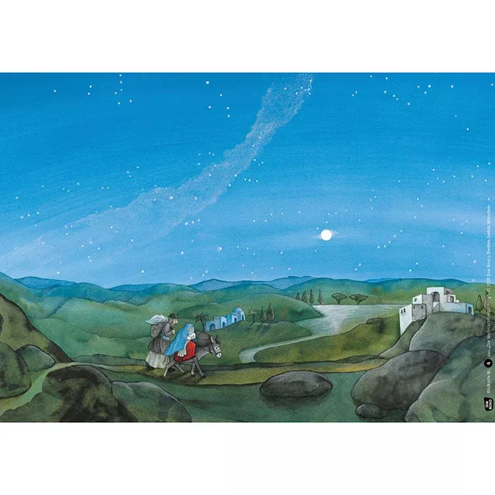 Himmel, Sterne, Landschaft, Dorf, Menschen mit Esel