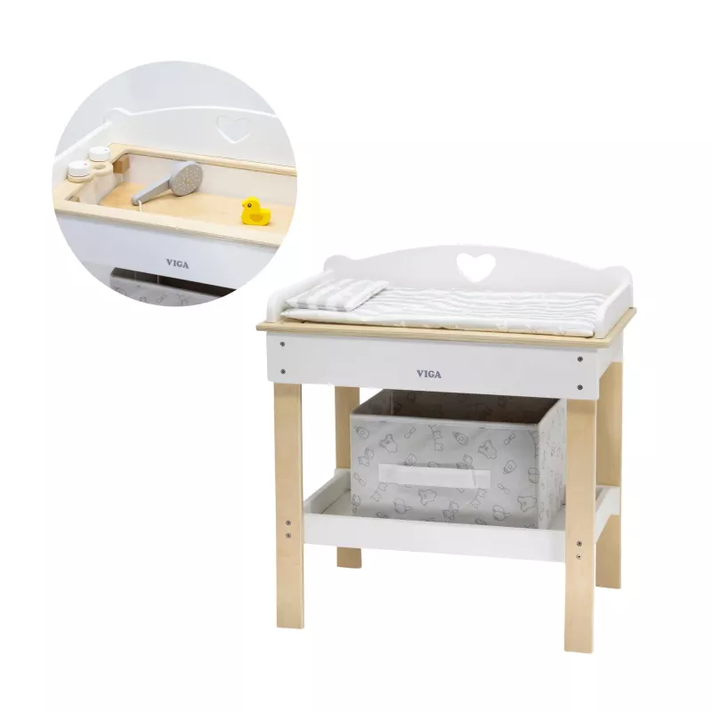 Kinderwaschbank, Holzspieltisch, Wickeltisch, Aufbewahrungskorb, Naturholz