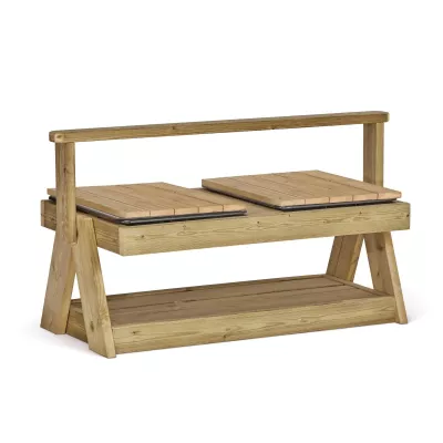 Holzbank, Sitzbank, Holzregal, Sichtbare Holzmasten, Gartenmöbel