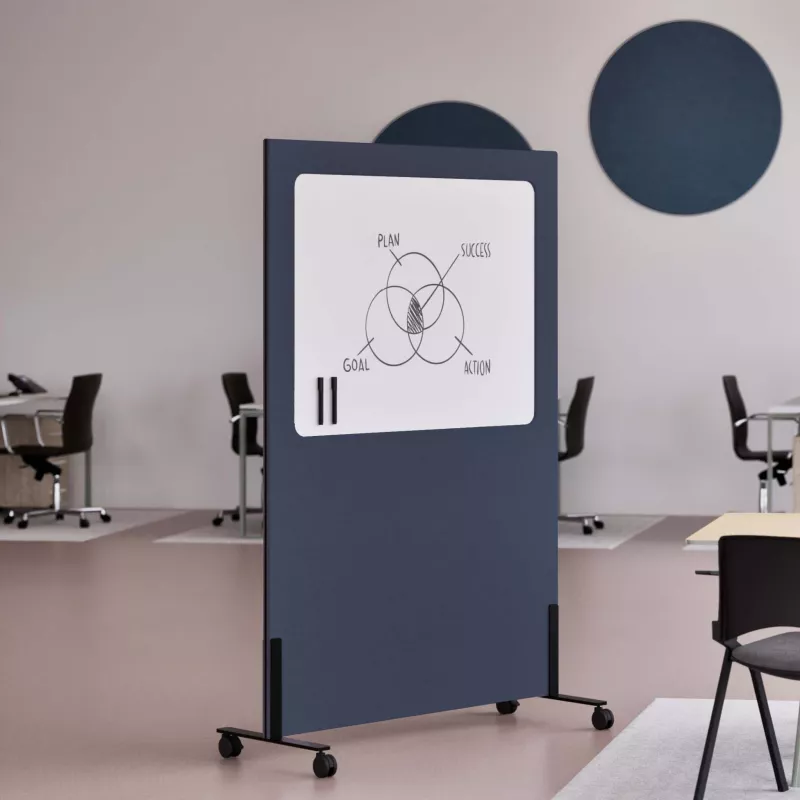 mobile whiteboard, whiteboard on wheels, office whiteboard, blue cabinet, room divider
