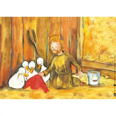 Landwirtschaft, Mann mit Gänsen, Scheune Szene, Eimer, Szenen mit Enten