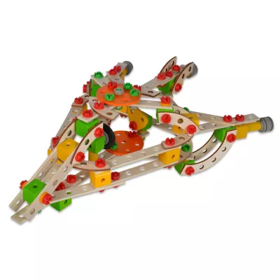 Konstruktionsbausteine, Klemmbausteine, Holz/Plastik Mischmaterial, bunte Bausteine, Rätschen/Mechanismus
