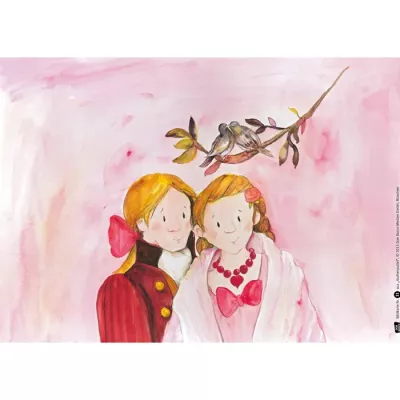 Kunstbild, Kinderpaar, Rosa Hintergrund, Vögelzweig, Brautjungfernfarben