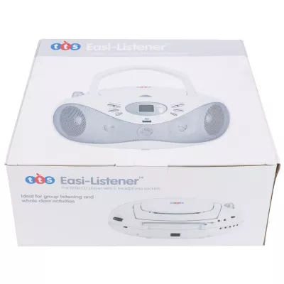 Tragbarer CD-Player, Easi-Listener, sechs Kopfhöreranschlüsse, weißes Gerät, Tragegriff