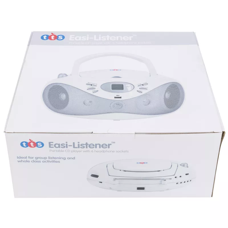 Tragbarer CD-Player, Easi-Listener, sechs Kopfhöreranschlüsse, weißes Gerät, Tragegriff