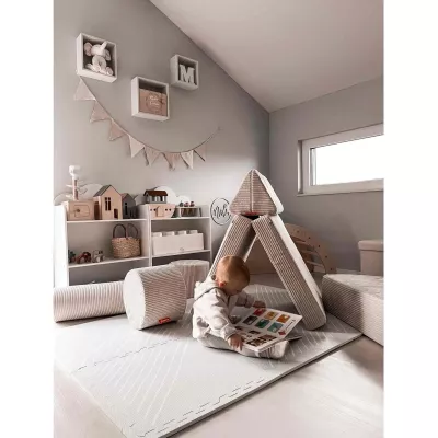baby play area, soft play mats, tent structure, wooden toys, baby reading book