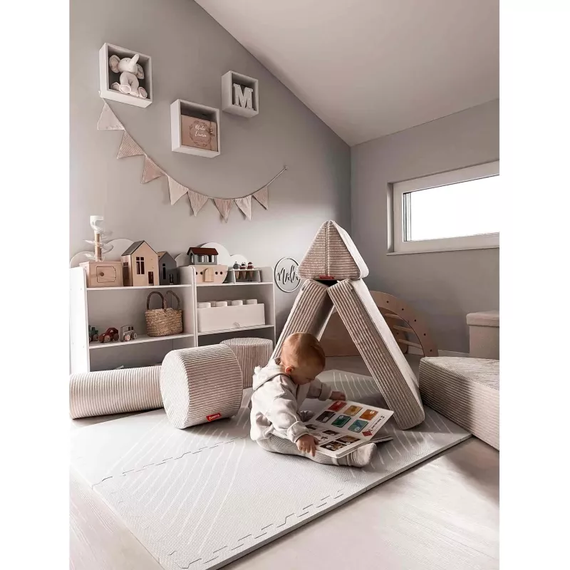 baby play area, soft play mats, tent structure, wooden toys, baby reading book