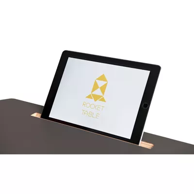 tablet stand, tablet dock, rose gold, black bezel, rocket table logo