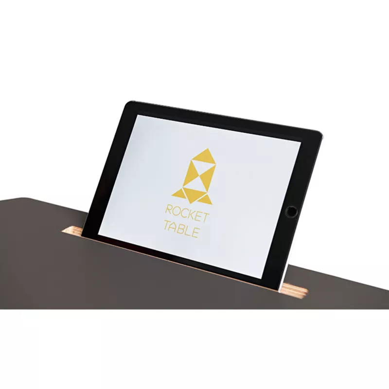 tablet stand, tablet dock, rose gold, black bezel, rocket table logo