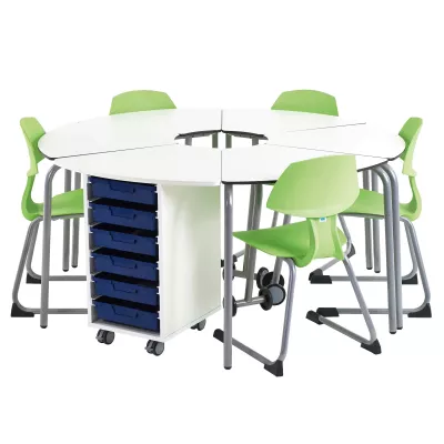 runder-tisch, modularer-tisch, mobiler-klassen-tisch, schubladen-stauraumben, grüne-stühle