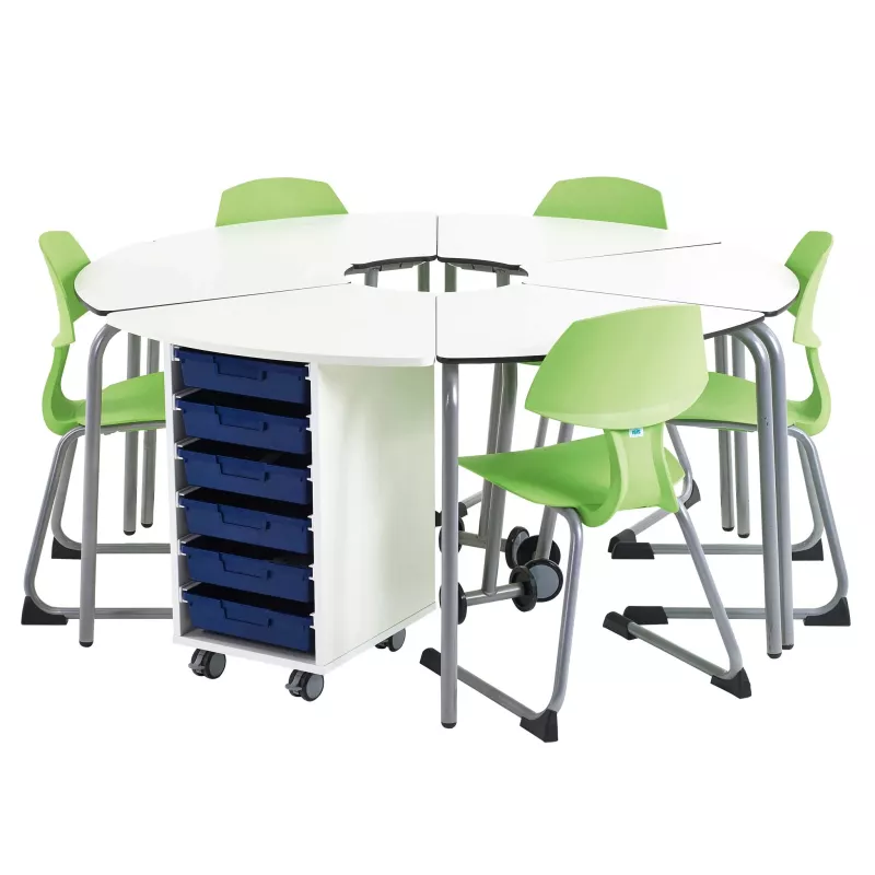runder-tisch, modularer-tisch, mobiler-klassen-tisch, schubladen-stauraumben, grüne-stühle