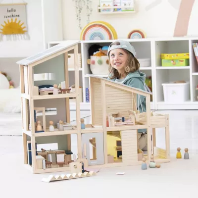 Holzspielzeug, Kästenhaus, Miniaturbau, Holzbausteine, Puppenhaus