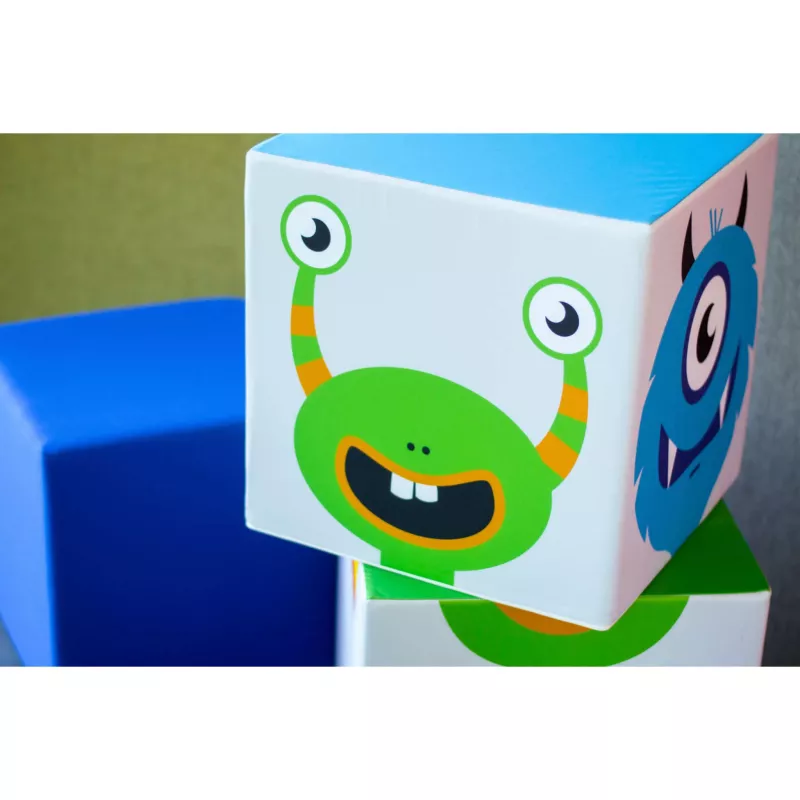 Spielzeugbox, Monster Grafik, kunterbunt, Kartonschriftzug, Kinderspielzeug