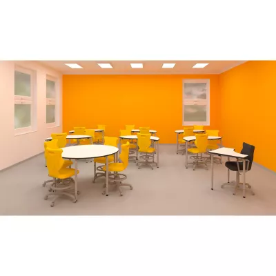 Klassenzimmermöbel, Schülerstühle, Schultische, gelbe Stühle, Drehstühle