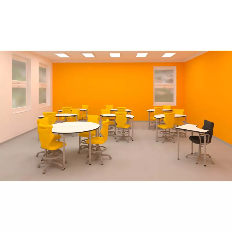 Klassenzimmermöbel, Schülerstühle, Schultische, gelbe Stühle, Drehstühle