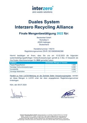 Dokument, Zertifikat, Recycling, Verpackungsmengen, Interzero