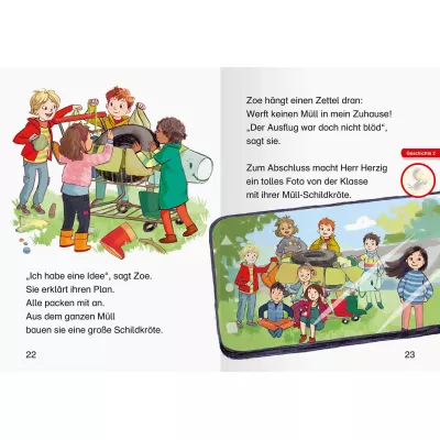 Müllsortieraktion, Mülltrennung, Kindergruppe, Sammelbehälter, Sammeltons
