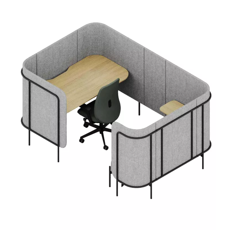 Arbeitsplatz, Büro-Schrreibtisch, Trennwand, Sitzbank, Stuhl