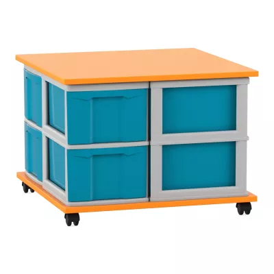 mobiler schrank, würfelboxen, orange top, blaue kisten, rollbarer aufbewahrungsschrank