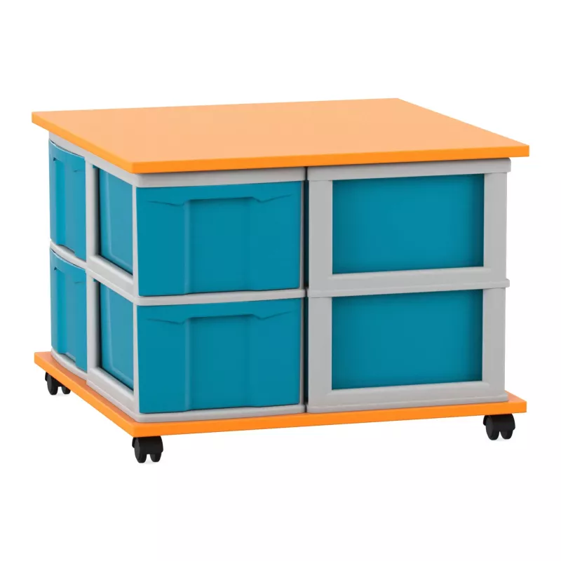 mobiler schrank, würfelboxen, orange top, blaue kisten, rollbarer aufbewahrungsschrank