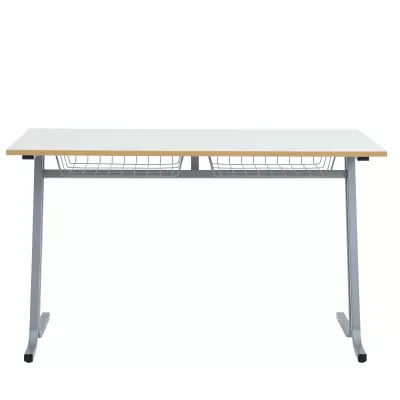 Schreibtisch, Metallrahmen, Holzkante, Ablagekorb, Klarer Tisch