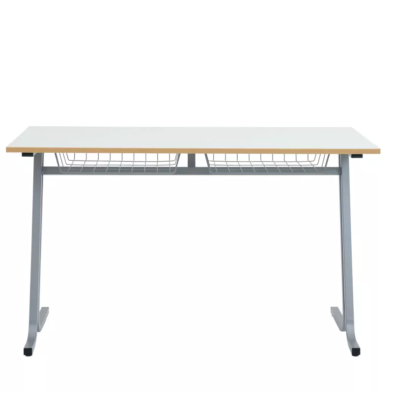 Schreibtisch, Metallrahmen, Holzkante, Ablagekorb, Klarer Tisch