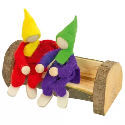 Filzfiguren, Holzfiguren, Miniaturmenschen, bunt, auf Probenrohrbank sitzend