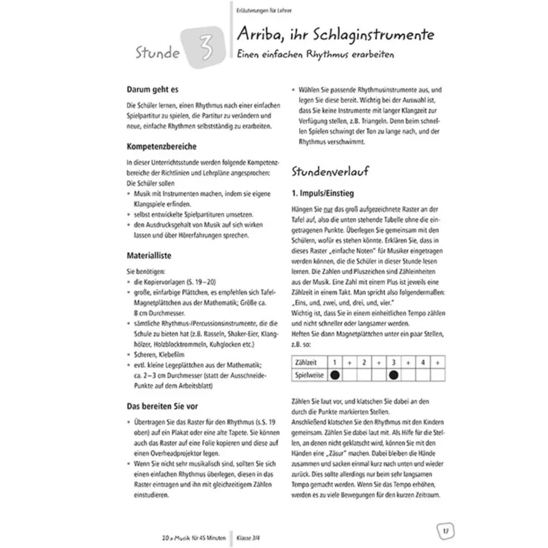 Rhythmusunterricht, Stunde 3, Notenblatt, Tafelbild, Rhythmusinstrumente