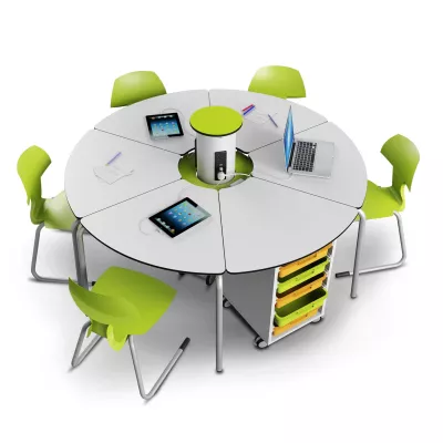 runde tisch, modulares tischsystem, mobiler arbeitsplatz, ausziehbarer kabel organiser, grün akzentuierte stühle