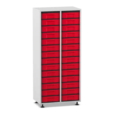Lagerregal, rote Schubladen, zwei Spalten, Metall, Werkzeug-Organizer