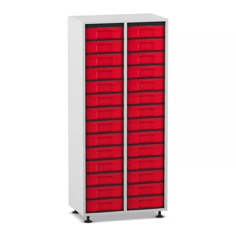 Lagerregal, rote Schubladen, zwei Spalten, Metall, Werkzeug-Organizer