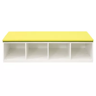 cubical storage, open shelf, gelber gepolsterter deckel, weißer rahmen, modulare aufbewahrung