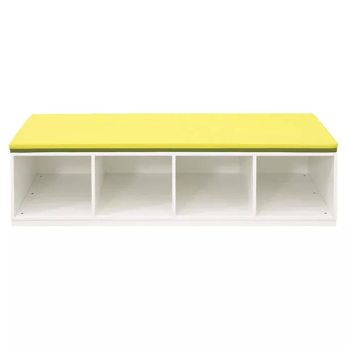 cubical storage, open shelf, gelber gepolsterter deckel, weißer rahmen, modulare aufbewahrung