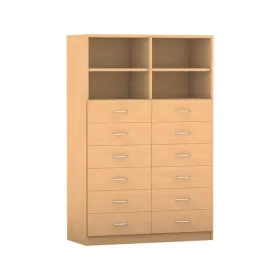 Mittelhohe Schrankkombination, mit Mittelwand, 12 kleine Holzschubladen