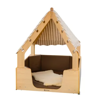 Kinderhütte, Zeltbett, Holzrahmen, Stoffdach, Kissen-Bettbereich