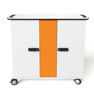Küchenunterschrank, Rollschrank, orange Streifen, Schubladenverschluss, rollen