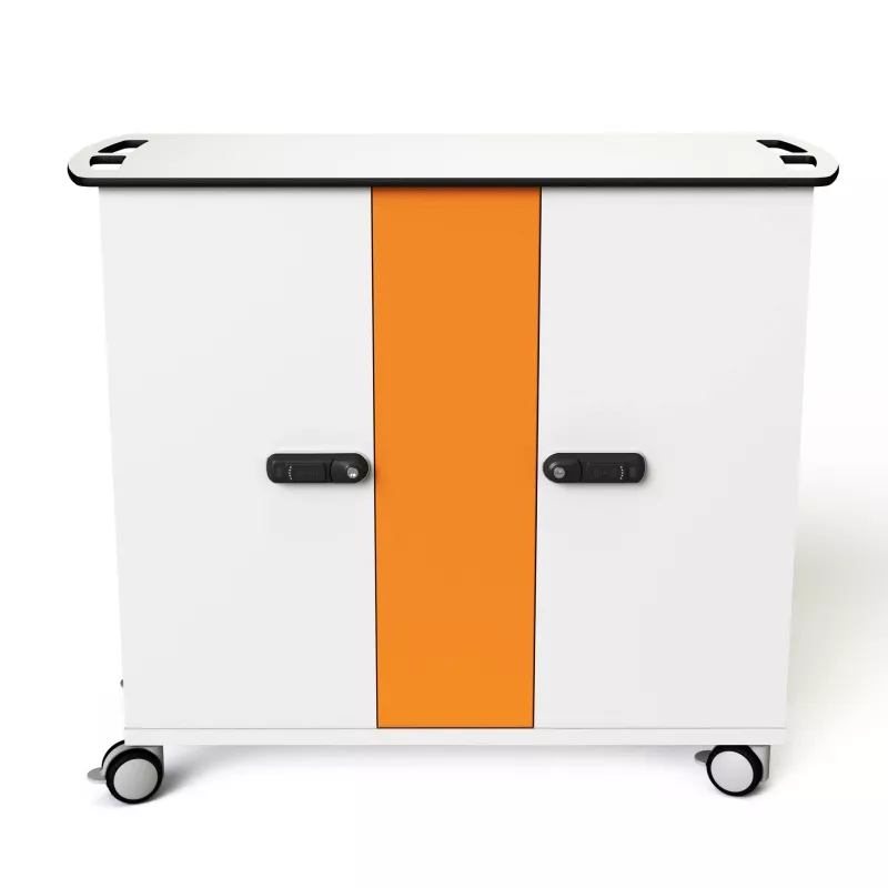 Küchenunterschrank, Rollschrank, orange Streifen, Schubladenverschluss, rollen