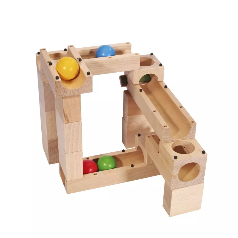 Holzspielzeug, Kugelbahn, Holzbausteine, Kugelbahnsystem, Holzschienensystem