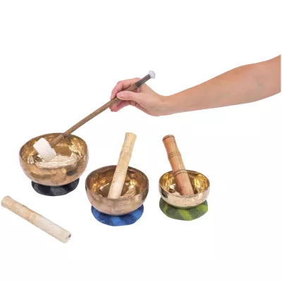 Messing-Schale, Stimmglocken-Schälchen, Schlägel, Holzschlägel, Steinunterlage