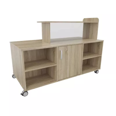 Wohnzimmer-TV-Wand, TV-Bank, Holzoptik, Rollböden, Ofen-/TV-Tafel