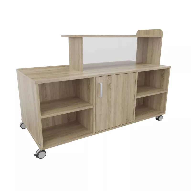 Wohnzimmer-TV-Wand, TV-Bank, Holzoptik, Rollböden, Ofen-/TV-Tafel