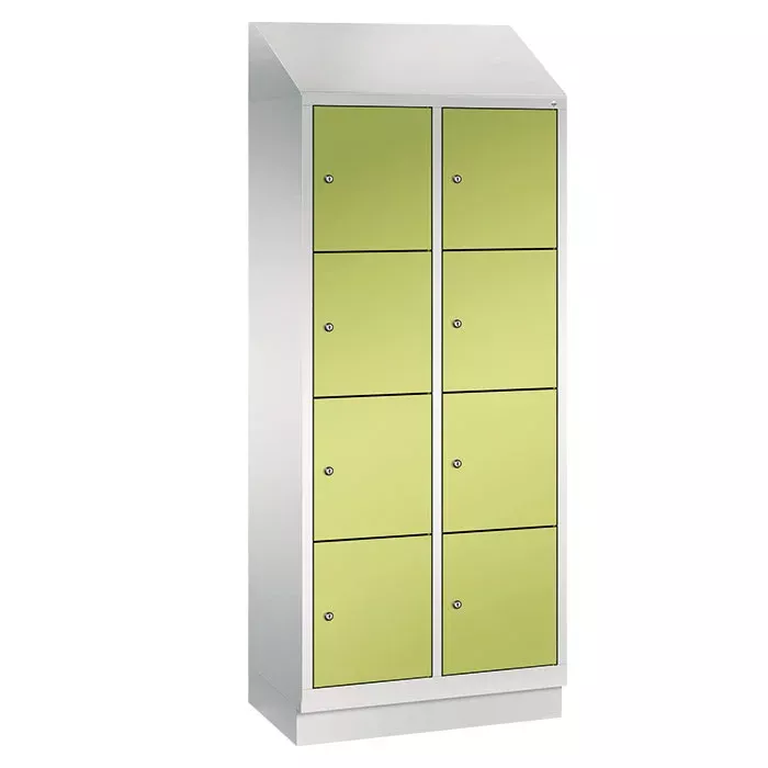 Schließfach, Schubladena locker, Metall, Gelbgrüne Türen, Stapelboxen
