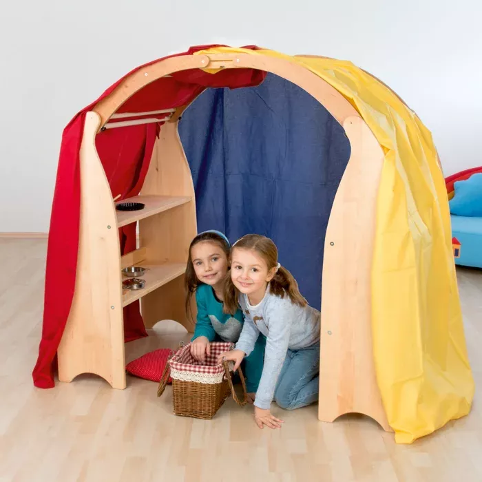 Kinderzelt, Spielzelt, Holzrahmen, Stoffzelt, Picknickkorb